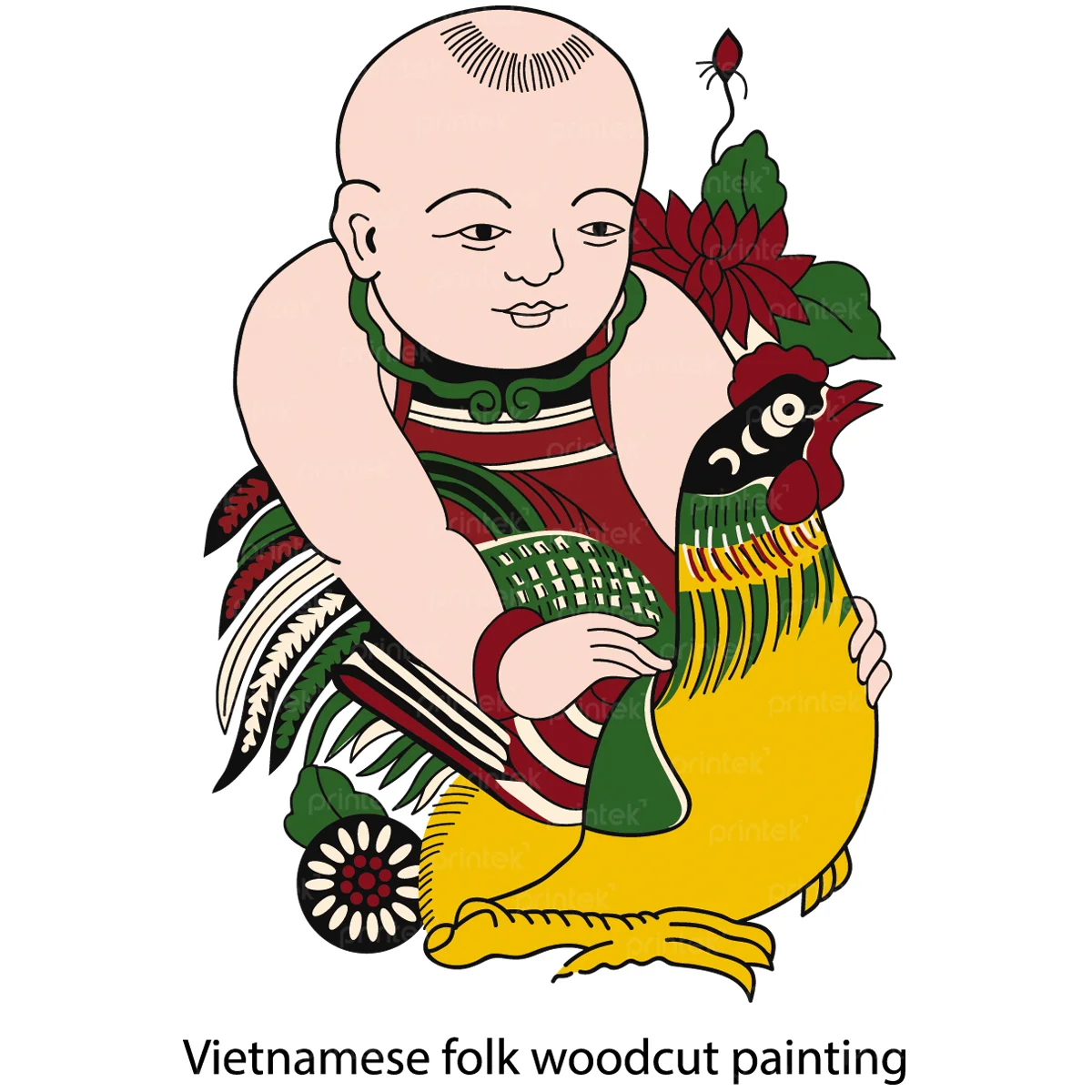Tranh Đông Hồ vẽ em bé ôm gà trống mang ý nghĩa may mắn và thịnh vượng