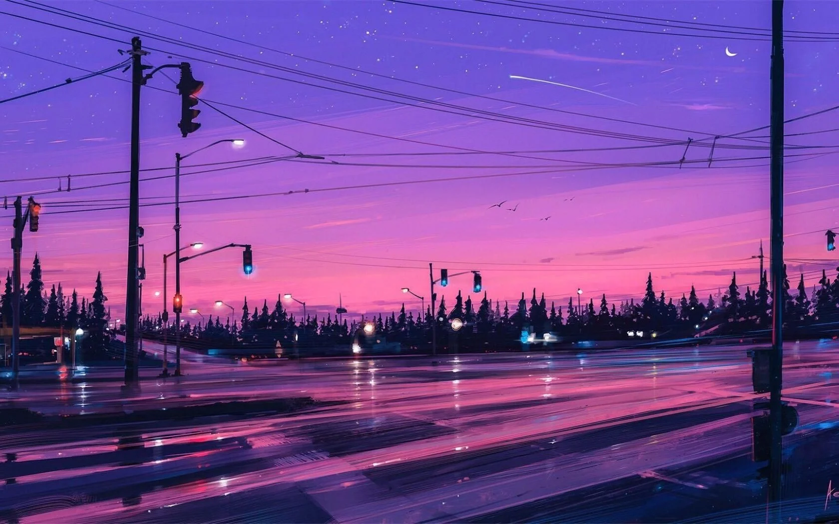 Giao lộ thành phố dưới bầu trời neon tím hồng lúc chạng vạng, khung cảnh đô thị liễu như yên