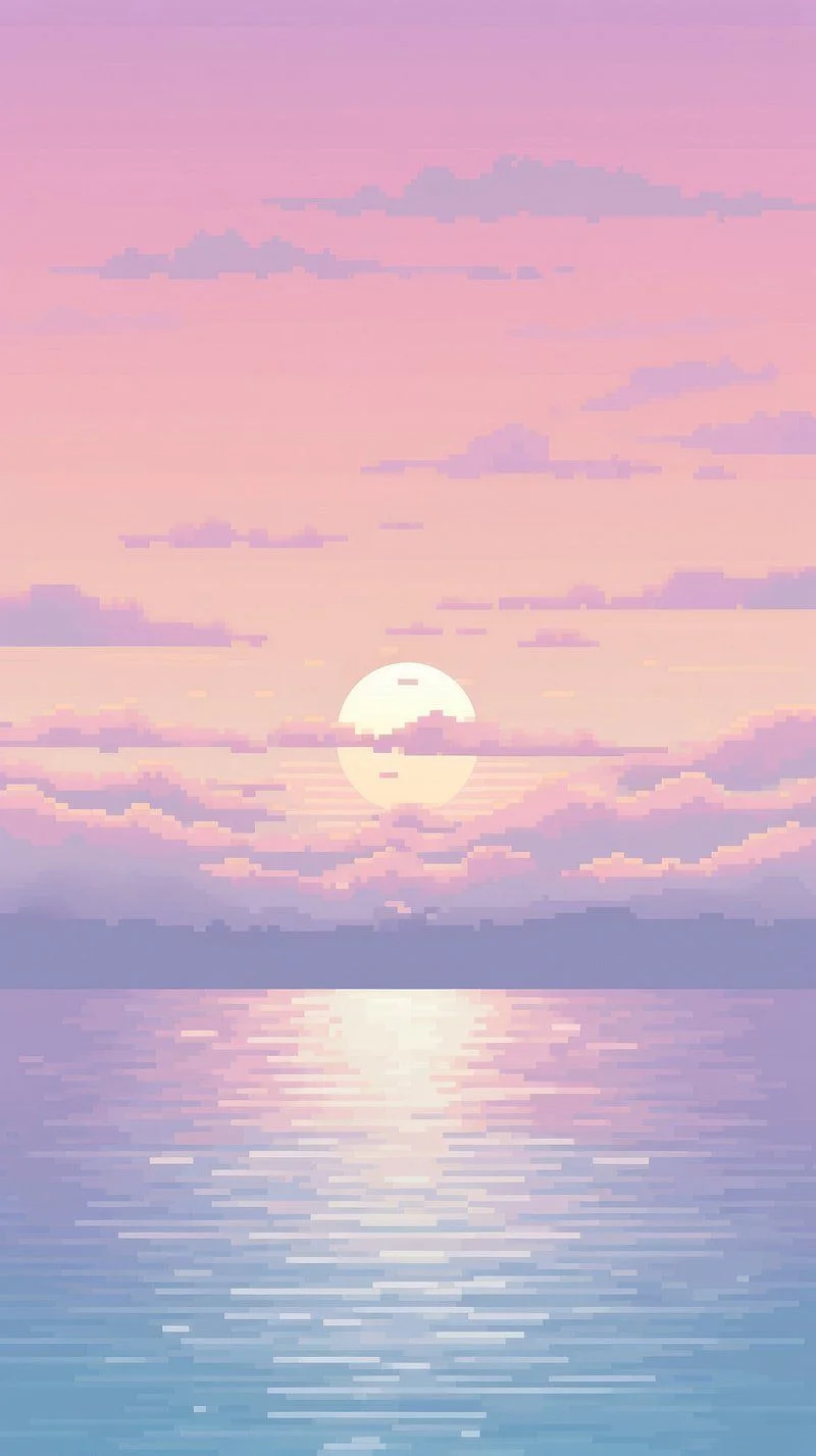 Ảnh pixel art mặt trời lặn trên biển liễu như yên với bầu trời hồng tím pastel và ánh sáng phản chiếu trên mặt nước