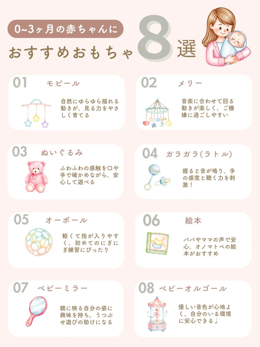 Bảng infographic gợi ý 8 loại đồ chơi cho bé 0-3 tháng tuổi