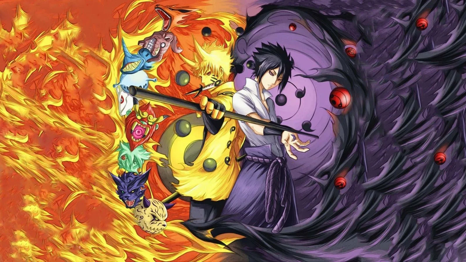 Hình nền máy tính anime Sasuke với lửa và năng lượng tím