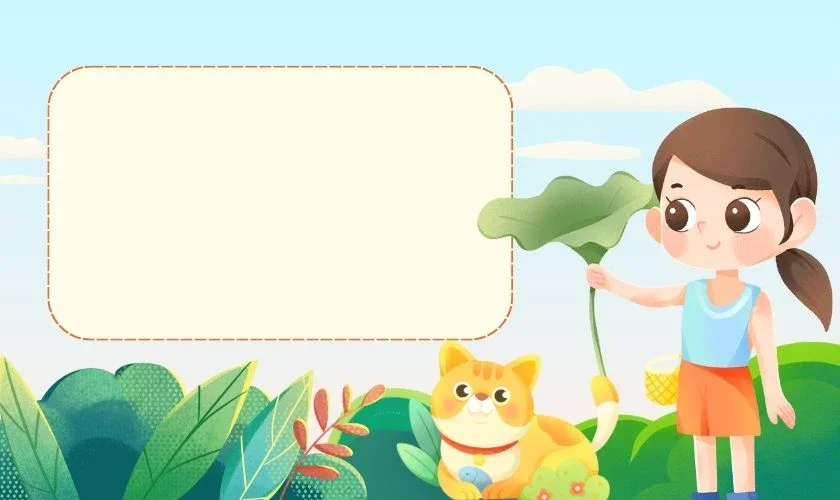 Hình nền PowerPoint hoạt hình cô bé và mèo trên nền thiên nhiên xanh