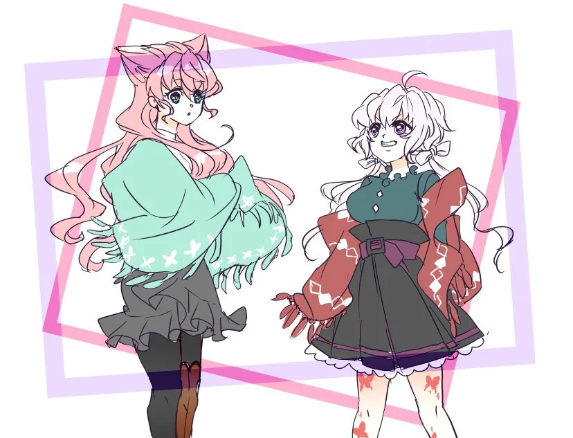 Hai waifu anime tóc hồng và tóc trắng hình nền PowerPoint